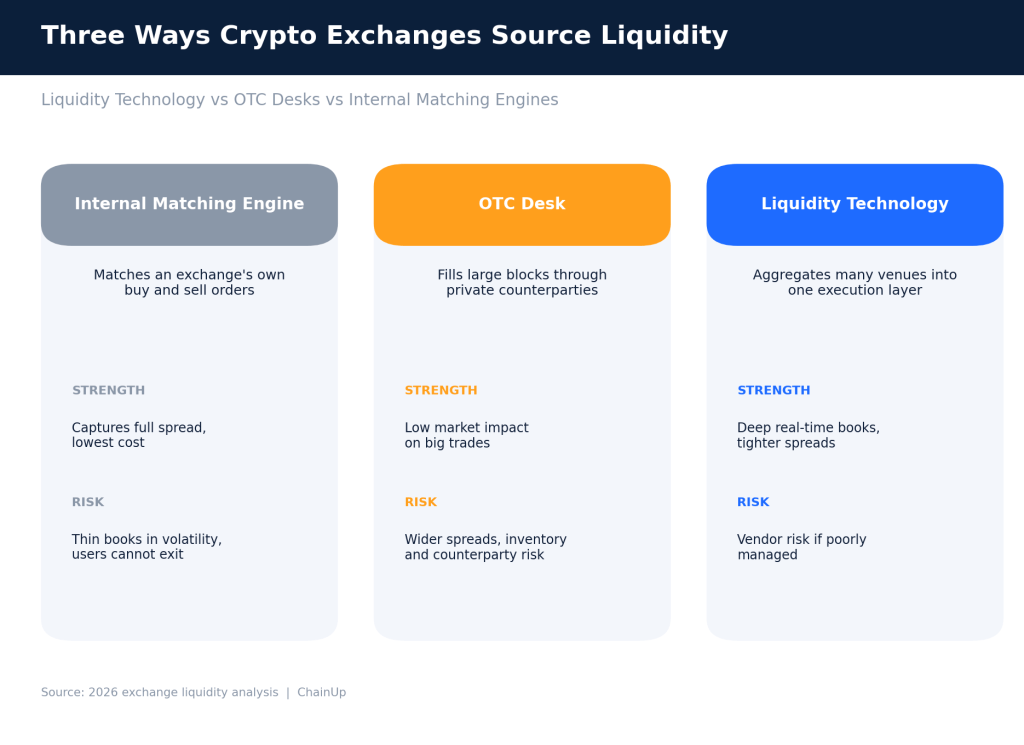 Crypto Exchange Liquidity Risk Management: Liquidity Technology vs OTC and Internal Matching Engines 3 Comparison of crypto exchange liquidity technology vs OTC desks vs internal matching engines