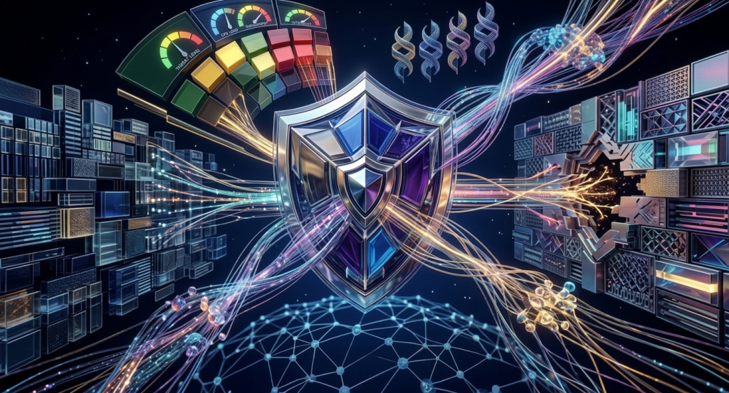 Why Most KYT Programs Fail, and What Regulators Check During Audits 1 A glowing shield filters blockchain data streams, representing KYT security and compliance in Web3.