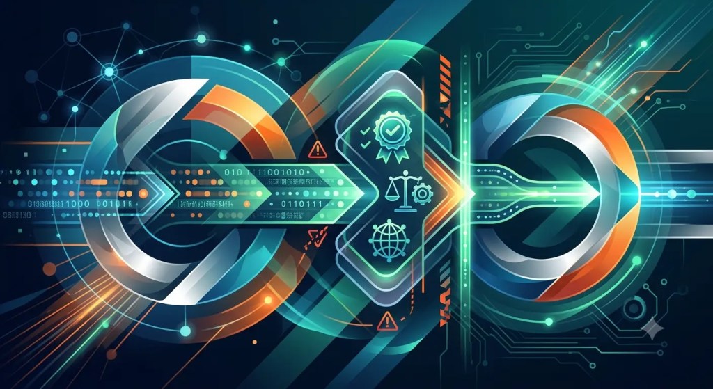 What Is the Travel Rule? A Complete Guide for Crypto VASPs 1 Secure data flowing between two nodes through a central compliance verification shield.