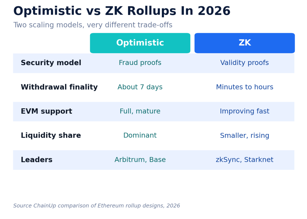 Top 7 Ethereum Layer 2 Ecosystems To Watch In 2026 2 Optimistic vs ZK rollups 2026 comparison of security, withdrawal finality, EVM support, and liquidity.